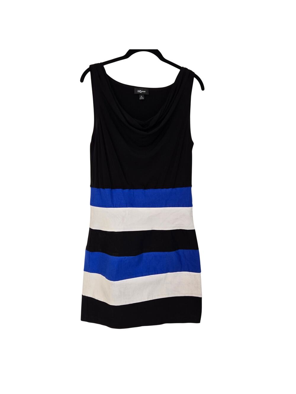 IZ Byer Black Cowl Neck Color Block Blue White Stripe Skirt Sleeveless Dress XL